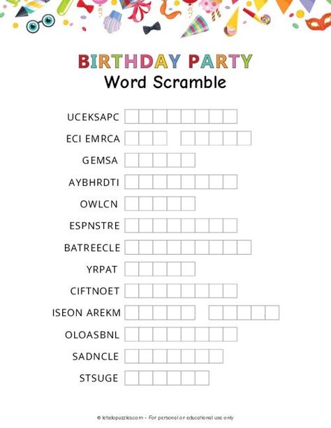 Printable Birthday Party Word Scramble Puzzle Unscramble Words, Printable Games For Kids, Scramble Game, Thanksgiving Words, Summer Words, Fun Summer Activities, Printable Puzzles, Word Scramble, Fun Birthday Party