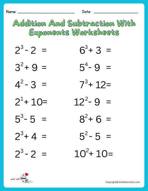 Exponents Worksheet With Mixed Addition And Subtraction | FREE Download Check more at https://kto5education.com/exponents-worksheet-with-mixed-addition-and-subtraction/ Mixed Addition And Subtraction Worksheet, Exponent Worksheets, Addition And Subtraction Worksheets, Math School, Subtraction Worksheets, Learning Math, Addition And Subtraction, Math Worksheets, Free Download