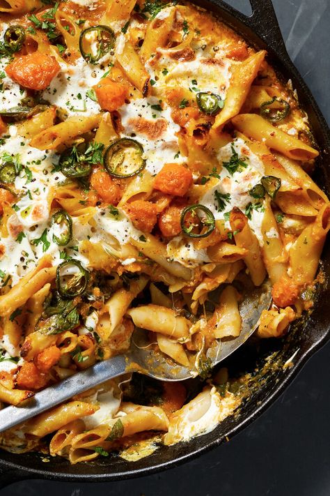 Spicy Butternut Squash Pasta With Spinach Recipe - NYT Cooking Spicy Butternut Squash, Chile Oil, Mushroom Bourguignon, White Sausage, Walnuts Recipe, Fall Pasta, Sausage Sauce, Pasta With Spinach, Marcella Hazan