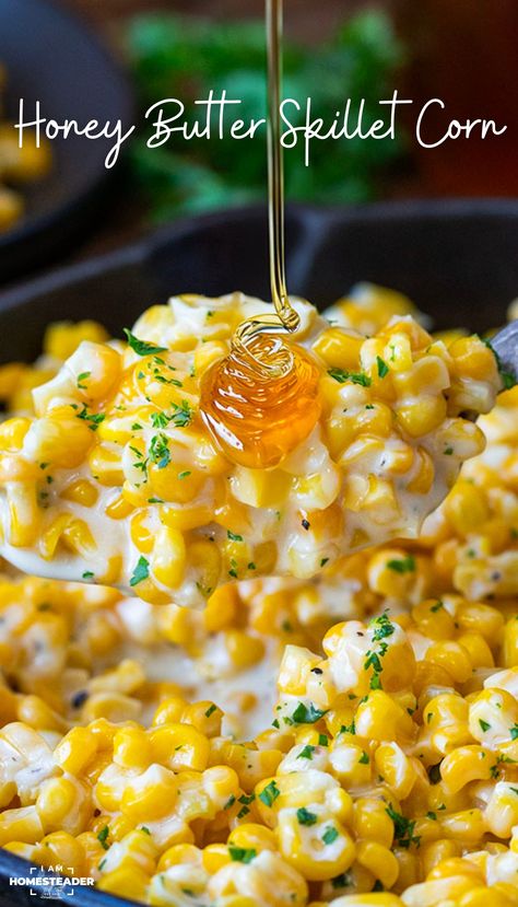 Honey Butter Skillet Corn is frozen corn cooked to perfection in a creamy mixture of butter, honey, and cream cheese, seasoned with salt and pepper. It is a sweet and savory upgrade to a side of corn and can be ready in just a few minutes! Honey Corn Skillet, Honey Butter Corn, Frozen Corn Recipes, Thanksgiving Corn Recipes, Best Corn Recipe, Honey Butter Skillet Corn, Canned Corn Recipes, Corn Thanksgiving, Corn Side