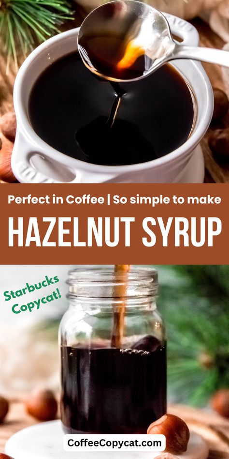 Introducing my homemade hazelnut syrup, a Starbucks copycat recipe. Indulge in the luxurious rich nutty flavor of this syrup that will perfectly transform your favorite coffee.This hazelnut syrup is the secret ingredient to recreate the Starbucks experience in the comfort of your own home. This simple syrup requires just 3 ingredients and 10 minutes of your time! Elevate your morning coffee, hot chocolate or even your desserts with this delicious syrup. #hazelnutsyrup #starbuckscopycatrecipe Hazelnut Syrup Recipe, Syrup Recipe For Coffee, Homemade Coffee Syrup, Coffee Syrups, Make Your Own Coffee, Coffee Creamer Recipe, Creamer Recipe, Iced Coffee Drinks, Simple Syrup Recipes