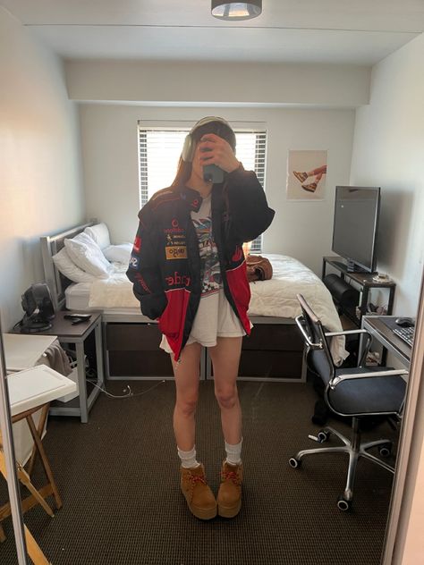 comfy casual speing summer outfit with urban outfitters white oversized tee black and red racer jacket scrunchy socks and platform short tie uggs Red Racer Jacket Outfit, Red Racer Jacket, Racer Jacket Outfit, Racer Jacket, Jacket Outfit, Jacket Outfits, Red, Clothes