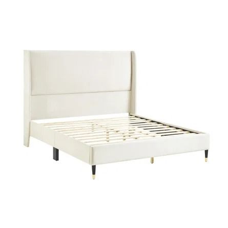 Roundhill Furniture Rozitta Upholstered Wingback Bed | Wayfair Minimalist Platform Bed, Platform Bed King, Platform Bed Queen, Preppy Dorm Room, White Bed Frame, Headboard Design, Wingback Bed, Bed King, Full Size Bed Frame