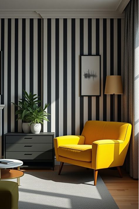 Compact living area featuring bold striped wallpaper and colorful furniture Small Living Room Wallpaper, Living Room Wallpaper Accent Wall, Striped Walls Vertical, Wallpaper Living Room Accent Wall, Red Living Room Decor, Stripped Wallpaper, Living Room Wallpaper, Neutral Furniture, Striped Walls