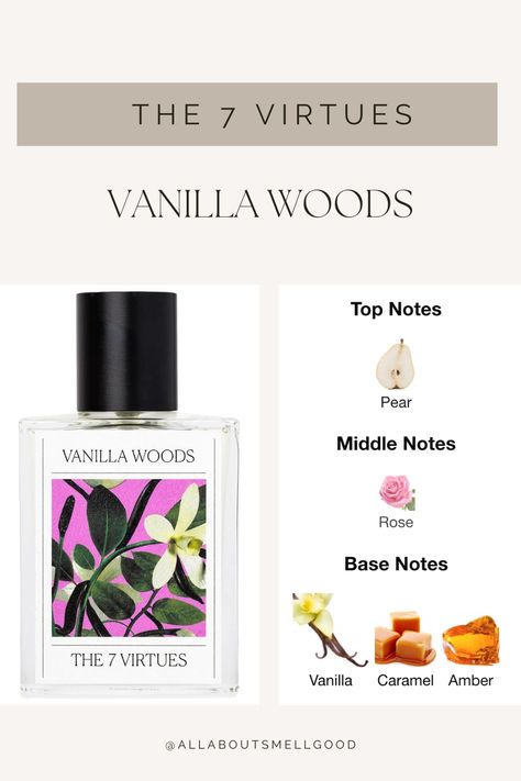 Fragrance Family: Warm & Spicy Scent Type: Warm & Sweet Gourmands Key Notes: Pear, Rose, Vanilla Fragrance Description: Vanilla Woods is intoxicating with a dash of fresh pear, a big rose heart note, and the benefits of a long-lasting dry down of organic Madagascar vanilla and gourmand caramel infused with warm amber. The sustainably sourced vanilla alleviates stress with aromatherapy benefits. Vanilla Woods The 7 Virtues, Vanilla Woods Perfume, Spicy Vanilla Perfume, Naseem Perfumes, Diy Perfumes, The 7 Virtues, 7 Virtues, Perfume Wishlist, Vanilla Woods