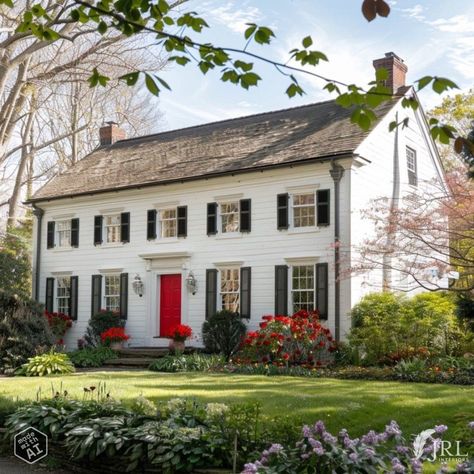 AI colonial with red front door Red Door Front Porch, Red Door Blue Shutters, White House Black Shutters Red Door, White House Red Front Door, Red Colonial House Exterior, White House With Red Door, Red Doors On Houses, White House Red Door, 1910 Farmhouse