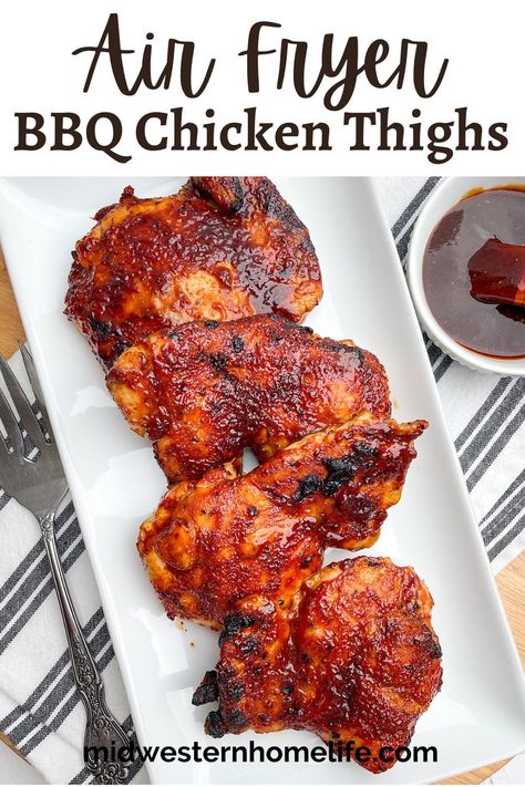 Air Fryer BBQ Chicken Thighs are tender, juicy, and slathered in an easy no-cook BBQ sauce that chars to perfection right in your air fryer. This 30-minute dinner recipe is the perfect way to satisfy your cravings without firing up the grill or turning on the oven. Bbq Chicken Thighs Air Fryer, Air Fryer Bbq Chicken Thighs, Chicken Thighs Boneless Skinless, Barbecue Chicken Thighs, Air Fryer Bbq Chicken, Honey Chicken Thighs, Bbq Sauce Ingredients, Bbq Chicken Thighs, Thighs Recipe