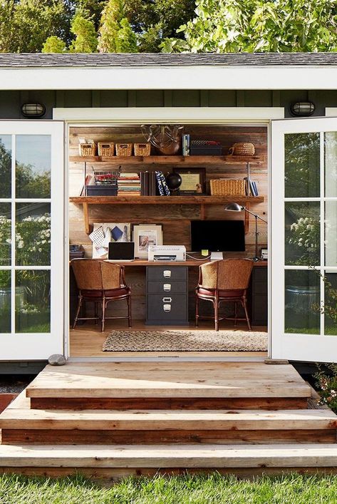 She Shed Office Work Spaces, Shed Office Interior, She Shed Office Ideas, Small Shed Ideas, Shed Office Ideas, She Shed Decorating Ideas, She Shed Office, Backyard Office Shed, Garden Office Shed