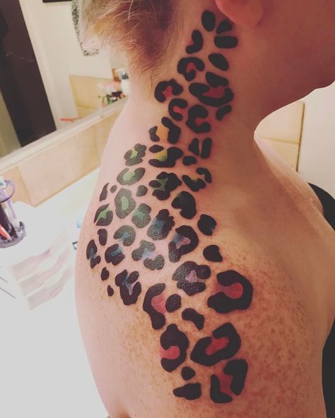 Leopard Print Tattoo Sleeve, Lisa Frank Tattoo, Frank Tattoo, Leopard Print Tattoo, Cheetah Print Tattoos, Leopard Print Tattoos, Leopard Tattoos, Couple Tattoos Unique, Rainbow Leopard Print