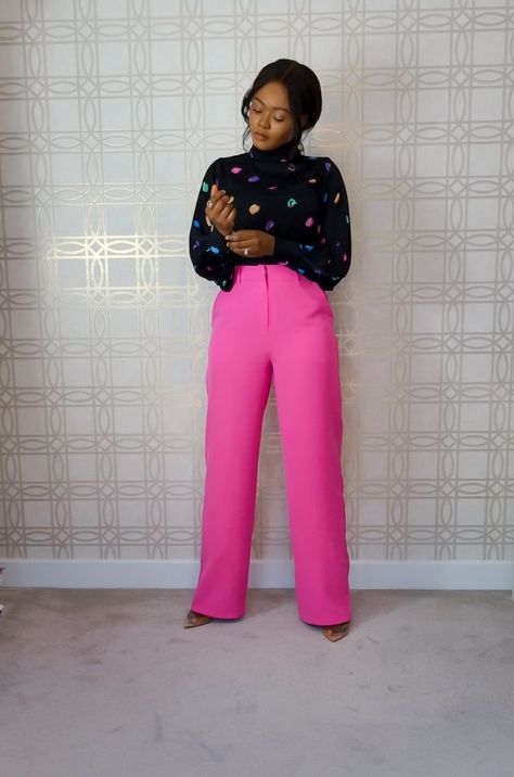 Stunning blouse from @dancingleopard Hot Pink trouser from @boohooofficial heels from @PublicDesire Hot Pink Office Outfit, Pink Trousers Outfit Summer, Hot Pink Slacks Outfit Work, Hot Pink Business Outfit, Hot Pink Dress Pants Outfit, Pink Slacks Outfit Work, Hot Pink Trousers Outfit, Hot Pink Pants Outfit Work, Pink Slacks Outfit