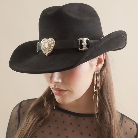 ultra glam closeup of our black heart buckle cowboy hat 🖤 model: @chelsey.malm hmua: @crystal.adrias photography: @robbklassen art direction/styling: @crystalmanke . . . . western style, trending style, western boutiques, country boutiques, country concert outfits, nashville outfits, black cowboy hat Heart Chain Belt, Cowboy Jewelry, Denim Dress Outfit, Cowboy Chic, Black Cowboy Hat, The Romantics, Western Boutique, Western Hat, Nashville Outfits