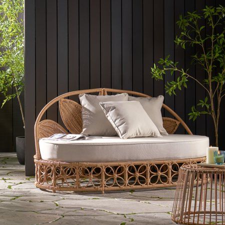 Free-spirited aesthetics, warm sunlight, and incredible comfort. These are some of the components for absolute relaxation. Featuring a stunning woven wicker finish and an impressive water-resistant cushion, this exceptional outdoor daybed uplifts the way you lounge in your backyard space. This luxurious piece offers three cozy throw pillows, giving this spacious bed all the necessities to meet your leisurely desires. Complete with a charming boho look and earthy floral motif, this delightful daybed adds much-needed style to your outdoor decor. Color: Beige. Patio Lounge Chairs Outdoor Spaces, Comfy Porch Chairs, Cute Outdoor Furniture, Wicker Couch Living Room, Lawn Furniture Ideas, Outdoor Couch Ideas, Wicker Furniture Living Room, Daybed Boho, Boho Porch Decor Outdoor