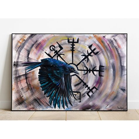 Runic Compass, Viking Decor, Wiccan Decor, Crow Art, Art Magic, Viking Art, Art Painting Gallery, Framed Oil Painting, Creative Painting