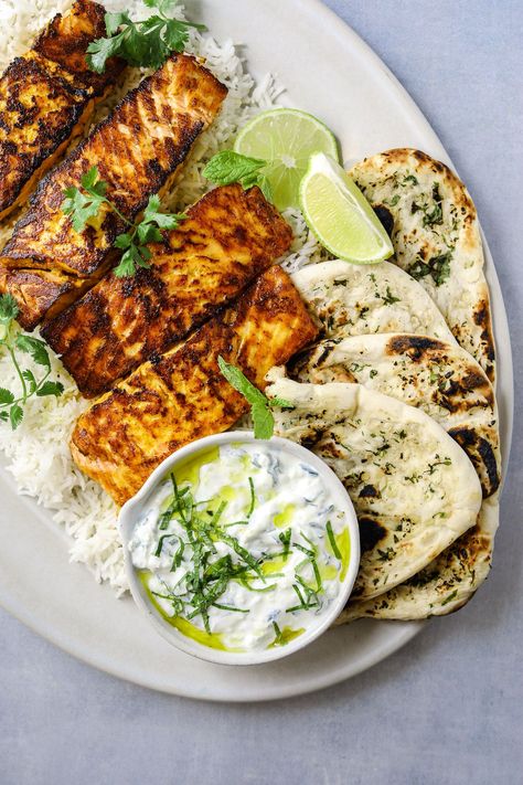 Bread Recipes Without Yeast, Craving California, Tandoori Salmon, Tandoori Marinade, Tandoor Oven, Cucumber Raita, Cucumber Yogurt, Creamy Cucumbers, Recipes Sweet