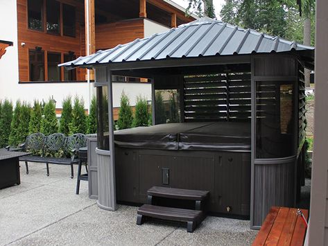 Outdoor Hot Tub, Spa Jacuzzi, Hot Tub Gazebo, Tub Enclosures, Wood Storage Sheds, Backyard Studio, Tub Ideas, Swim Spa, Aluminum Patio