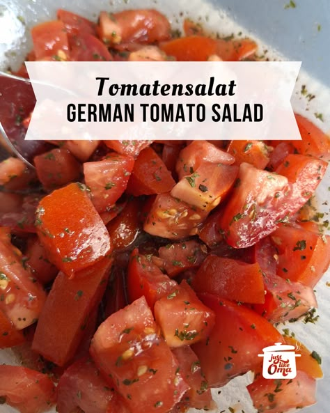 German Tomato Salad Recipe – Oma's Tomatensalat Tomato And Onion Salad Recipes, Fresh Tomato Salad Recipes, German Tomato Salad, Tomato Recipes Salad, German Salad, Garden Meals, German Salads, Tomato And Onion Salad, 1950s Food