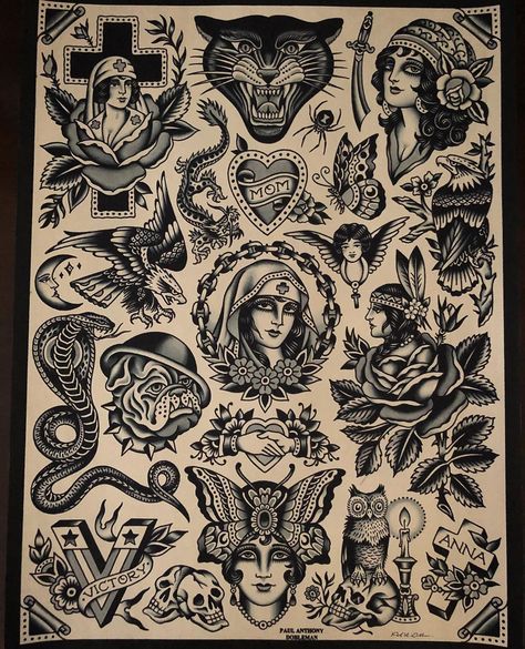 10.1k Likes, 102 Comments - Paul Dobleman (@pauldobleman) on Instagram: “Finished this flash poster yesterday. #continuingatradition @blackhearttattoo #thebrotherselectric…” American Classic Tattoo, Paul Dobleman, Traditional Tattoo Man, Traditional Tattoo Stencils, Traditional Tattoo Flash Sheets, Desenhos Old School, Tato Tradisional, Tattoo Poster, Traditional Black Tattoo