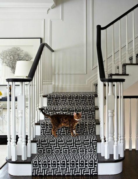 White Stairs With Runner, Stairs With Runner, Black And White Staircase, Staircase Molding, Black Stair Railing, Black And White Stairs, Decorative Wall Molding, Black Staircase, White Staircase