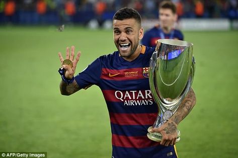 The Brazil star won 23 trophies at Barcelona including the 2016 Spanish Super Cup (above) Fc Barcelona Players, Ronald Koeman, Dani Alves, Lionel Messi Barcelona, Xavi Hernandez, Uefa Super Cup, Barcelona Players, Santiago Bernabeu, Real Madrid Players