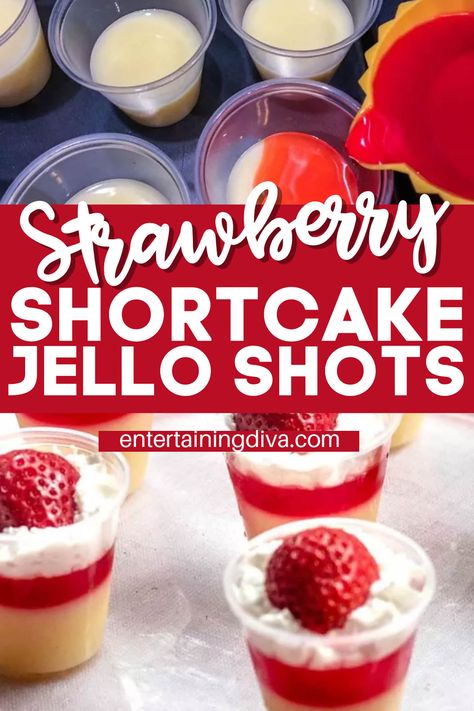 Red and White Strawberry Shortcake Jello Shots Recipe | Holidays and events White Jello, Easy Jello Shots, Best Jello Shots, Jello Shots Vodka, Jello Shot Cups, Jello Shots Recipe, Cake Vodka, Layered Jello, Strawberry Vodka