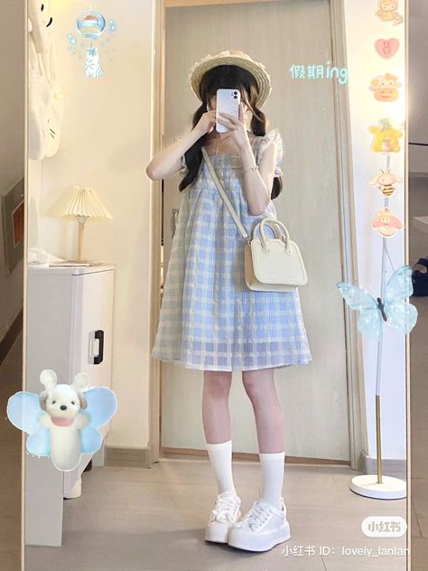 Cute Clothes Japanese, Kawaii Summer Outfits, Pastel Blue Outfit, Korean Outfits Ideas, Blue Korean, Summer Fashion Dresses Casual, Ing Civil, Lolita Outfit, 2000s Japanese Fashion