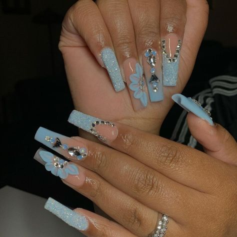 Light Blue Nails Prom, Baby Blue Prom Nails, Blue Nails Prom, Prom Nails Acrylic Blue, Light Blue Prom Nails, Birthday Hairstyle, Light Blue Nail Designs, Blue Prom Nails, Blue And Silver Nails