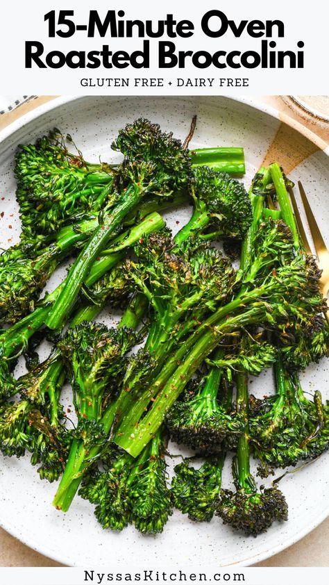 This 15-minute oven roasted broccolini is the best quick side dish that pairs well with so many meals! It’s one of our all-time favorites when we need a simple veggie recipe to serve with dinner. Made with broccolini (also sometimes called baby broccoli), olive oil, and a few simple spices – it cooks quickly in the oven on a sheet pan until tender with slightly charred florets. The recipe is not only delicious but also nutrient-dense, gluten-free, dairy-free, Whole30 compatible, and paleo-... Brocollini Recipes, Brocolini Recipes, How To Cook Broccolini, Baby Broccoli Recipe, Dorm Recipes, Baby Broccoli, Broccolini Recipe, Quick Side Dish, Roasted Broccolini