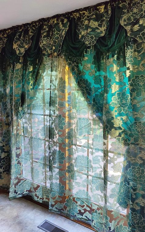 PRICES MAY VARY. 100% Polyester This curtain is of double layer. Front layer is clipped voile / voile jacquard with elegant floral design. Backing is taffeta fabric in matching solid color. One curtain rod is enough to have this nice curtain with both valance & backing now. It also gives flexible way for you to either tie the front curtain or the backing or together to achieve different decoration effect and meet different needs for the light. The curtain is with attached fancy valance, which ca Minimalist Blinds, Teal Curtains, Unique Curtains, Layered Curtains, Stylish Curtains, Curtains For Bedroom, Massage Room, Dream Room Inspiration, Curtain Designs