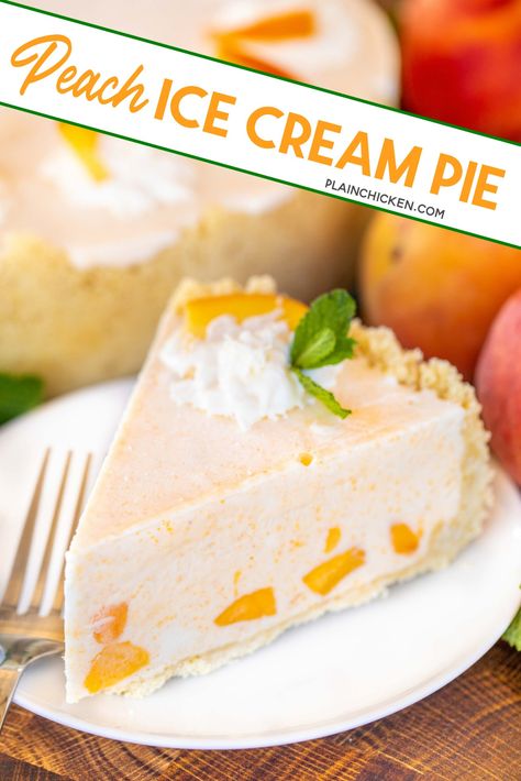 Peach Ice Cream Pie - inspired by The Masters Peach Ice Cream Sandwiches. SO easy and no ice cream machine required!!! Sugar cookie crust filled with fresh peach ice cream made with heavy whipping cream, sweetened condensed milk, and peaches. Freeze until ready to serve. This is the perfect summer dessert! #themasters #nochurn #nobake Fresh Peach Ice Cream, Sugar Cream Pie Recipe, Whipped Cream Pie, The Masters Tournament, Homemade Peach Ice Cream, Sugar Cream Pie, Ice Cream Pie, Sugar Cookie Crust, Sour Cream Pound Cake