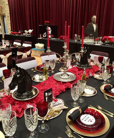 red and gold accents with red rose table runner.  Horse heads and chandeliers Teacher Appreciation Table, Mafia Theme Party, Rose Table Runner, 90th Birthday Party Decorations, Mafia Party, Husband 30th Birthday, Godfather Movie, Prom Themes, Movie Themed Party