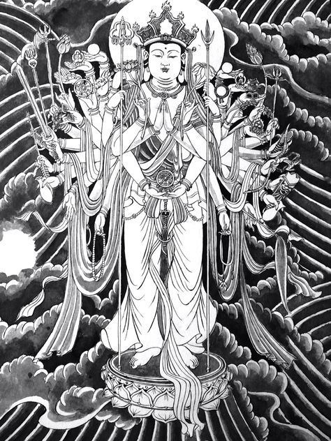 Guanyin Tattoo, Goddess Of Mercy, Quan Yin, Japan Tattoo, Tibetan Art, Buddha Image, Fantasy Character Design, Asian Art, Buddhism