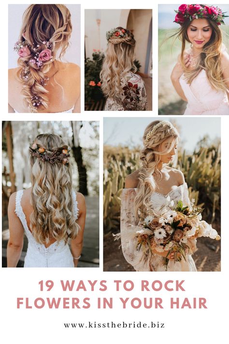 Big Flower Hairstyles, Wedding Hairstyles For Long Hair Flowers, Braiding Flowers In Hair, Wedding Braid Flowers, Boho Hairstyles With Flowers, Curls With Flowers In Hair, Boho Bridal Hair Flowers, Bridesmaid Hairstyles With Flowers, How To Wear Flowers In Your Hair