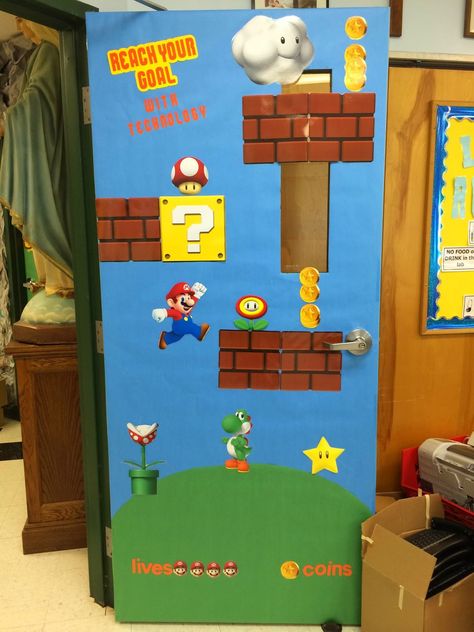 A Techy Teacher with a Cricut: Computer Lab Bulletin Board UPDATES Mario Door Decorations Classroom, Super Mario Door Decorations, Mario Brothers Classroom Door, Video Game Classroom Door Ideas, Video Game Themed Bulletin Boards, Mario Themed Classroom Bulletin Boards, Mario Kart Door Decs, Technology Door Decorations Computer Lab, Computer Lab Bulletin Board Ideas