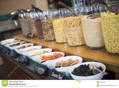 Various Breakfast Cereals On Line Buffet In Hotel Stock Photo - Image of breakfast, nutrition: 63607562 Buffet Display Ideas, Cereal Bar Ideas, Cereal Buffet, Cereal Cafe, Cereal Bars Homemade, Cereal Bars Recipes, Easy Bar Recipes, Homemade Cereal, Baked Breakfast Recipes