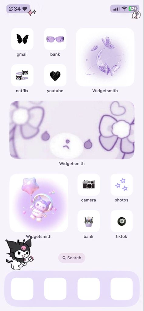 Home Screen Ideas Purple, Ios 16 Home Screen Ideas, Black Kuromi, Ios 16 Home Screen, Home Screen Ideas, Kuromi Sanrio, Ios 16, Home Screen, Purple Black