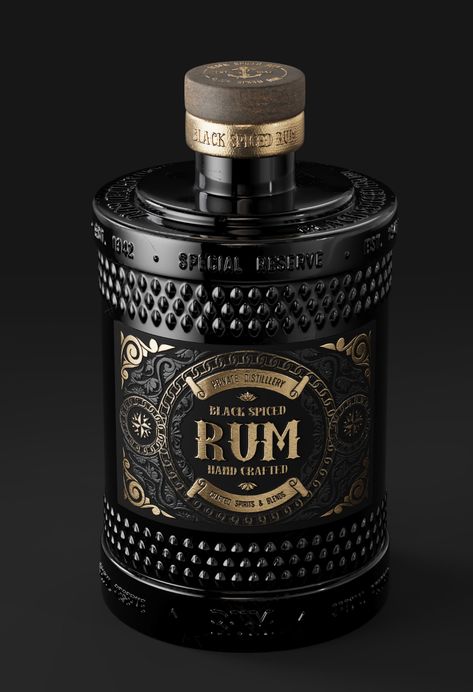 Behance 上的 Rum Bottle | FULL CGI Product Visualization Rum Bottle Design, Spirits Packaging Design, Alcohol Packaging Design, Whiskey Packaging, Bottle Logo, Pretty Alcoholic Drinks, Product Visualization, Unique Glassware, Wine Bottle Design