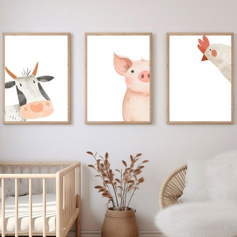 Adorable Peek-a-Boo Farm Animals Nursery Wall Art Set: Cow, Chicken, Pig Prints Chicken Nursery Theme, Modern Farm Nursery, Baby Animal Nursery Theme, Dinosaur Toddler Room, Farm Animals Nursery, Farm Nursery Theme, Farm Animal Nursery, Pig Print, Animal Wall Art Nursery