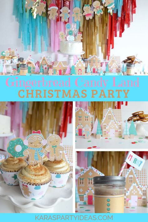 Gingerbread Candy Land Christmas Party via Kara's Party Ideas - KarasPartyIdeas.com Gingerbread Christmas Party, Gift Box Cakes, Gingerbread Party, Gingerbread Decorations, Candy Land Christmas Decorations Diy, Candy Land Theme, Party Package, Gingerbread Christmas, Candy Christmas Decorations