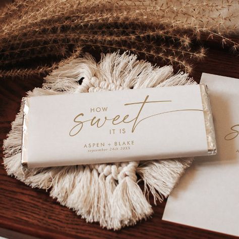 Modern Gold Script How Sweet It Is Wedding Summer Home Living - rustic candy bar wrapper, elegant how sweet it is, modern wedding reception favor, script bridal shower chocolate bar, minimal engagement party favor, classy minimalist romantic boho autumn, simple monochrome whimsical handwritten, spring summer bohemian typography k500, fall winter unique industrial lettering, classic yellow gold white calligraphy Rustic Candy Bar, Bridal Shower Chocolate, Candy Bar Wrapper Template, Wedding Reception Favors, Modern Wedding Reception, Chocolate Labels, Engagement Party Favors, Wedding Favor Labels, Candy Wedding Favors