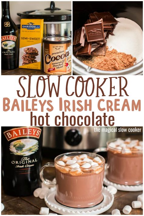 This Slow Cooker Baileys Irish Cream Hot Chocolate is perfect for the adults at your Christmas Party! #slowcooker #irishcream #baileys #christmas Irish Cream Hot Chocolate, Mint Hot Chocolate Recipe, Hot Chocolate Baileys, Baileys Christmas, Crockpot Drinks, Boozy Hot Chocolate, Chocolate Baileys, Crockpot Hot Chocolate, Baileys Recipes