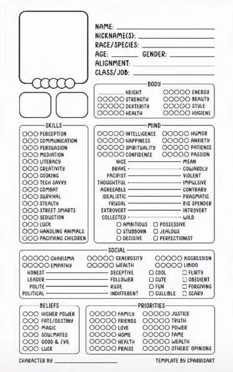 Personality Fill Out Sheet, Creating A Character Template, Video Game Character Stats Template, Template By Cparrisart, Character Mapping Template, Oc Paper Sheet, Original Character Sheet Template, Cparristart Template, Character Personality Template