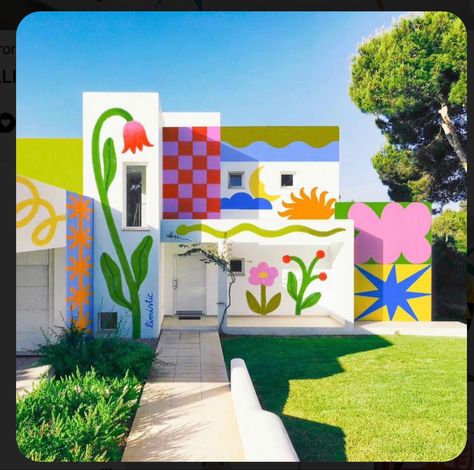 Creative Shop Design, Colorful Exterior House Colors, Indoor Mural Ideas, Outside Murals, Mural Wall Art Outdoor, Simple Murals, Cool Wall Murals, Yard Mural, Funky Mural