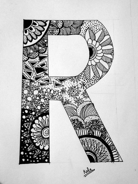 Word Doodle Art Letters, R Letter Drawing, R Mandala Art, Zentangle Lettering, Mandala Letters, Zentangle Letters, Word Doodles, Quotes Doodles, Calligraphy Quotes Doodles