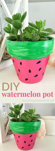 DIY hand painted watermelon terra cotta pot for succulents. They make a sweet summer gift. Watermelon Painting, Watermelon Flower, Watermelon Crafts, Diy Flores, Terra Cotta Pot Crafts, Crafts For Teens To Make, Painted Clay Pots, Fleurs Diy, Painted Terra Cotta Pots