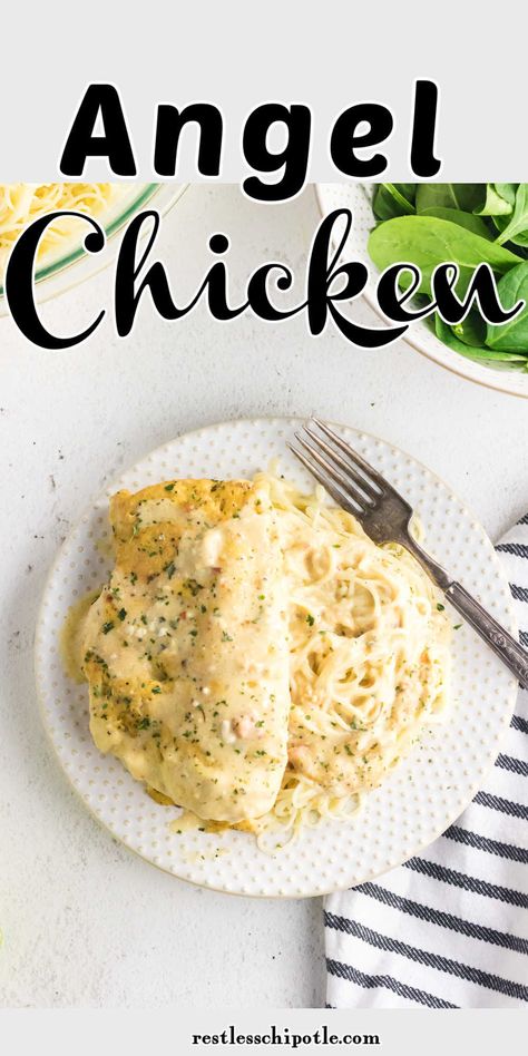 Crockpot angel chicken & pasta recipe turns a few simple ingredients into a delicious dinner the whole family will love. Boneless chicken breasts slow cook in a creamy sauce that's seasoned with Italian dressing mix. There's almost no prep time! Instant Pot Angel Chicken, Slow Cooker Angel Chicken 12 Tomatoes, Angel Chicken Crockpot, Slow Cooker Angel Chicken, Angel Chicken Recipe, Angel Chicken Pasta, Angel Pasta, Angel Chicken, Weeknight Recipes