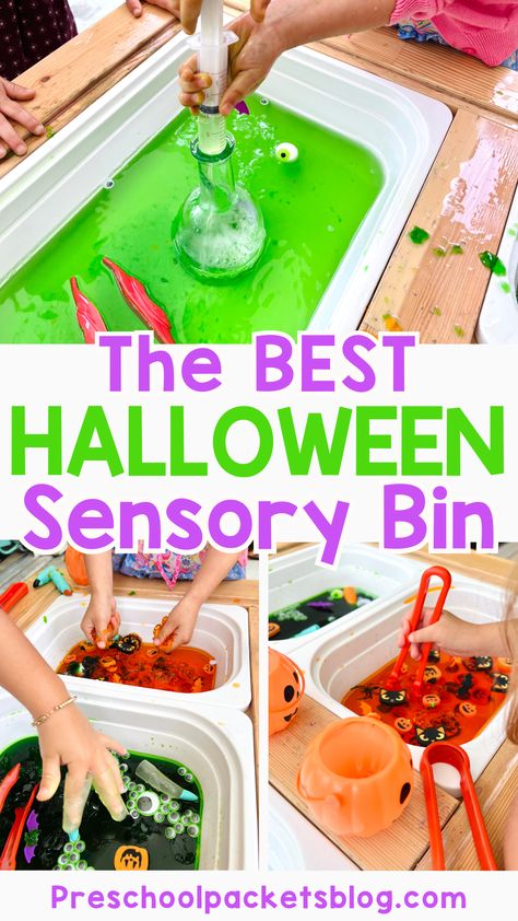 Themed Sensory Bins, Toddler Home Activities, Halloween Theme Preschool, Halloween Sensory Bin, Sensory Bin For Toddlers, At Home Preschool, Halloween Activities Preschool, Halloween Centers, Halloween Sensory