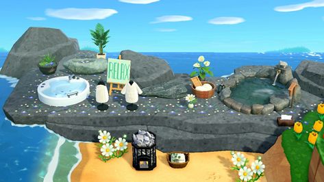 Animal Crossing Ideas Outside, Island Inspiration Animal Crossing, Animal Crossing Island Build Ideas, Animal Crossing Land Ideas, Acnh Spa Ideas, Things To Add To Animal Crossing Island, Acnh Inspo Island, Animal Crossing Island Beach Ideas, Acnh Small Area Ideas Beach