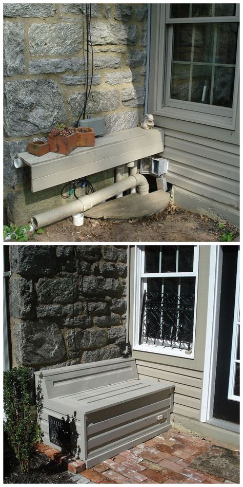 A Clever Way to Cover Up Ugly Pipe Wires! Build a Bench! Adds to #curbappeal too! Hide Drain Cover In Garden, Outdoor Drain Cover Ideas, Drain Covers Outdoor, Pipe Covering Ideas Outdoor, How To Hide A Power Box In Yard, Hide Eyesores In Yard, Under Deck Drainage System, Under Deck Drainage, Hide Pipes