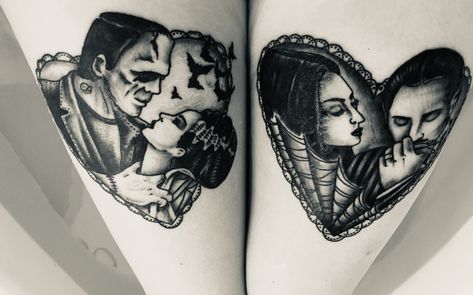 Morticia And Gomez Tattoo Traditional, Frankenstein Couple Tattoo, Halloween Couples Tattoo, Mortician And Gomez Tattoo, Gomez And Morticia Tattoo, Morticia And Gomez Tattoo, Frankenstein And Bride Tattoo, Monster Tattoos, Hopeless Romantic Tattoo