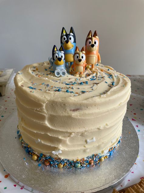 Bluey Themed Smash Cake, Bluey Cake With Figurines, Easy Diy Bluey Cake, Chocolate Bluey Cake, Homemade Bluey Birthday Cake, Birthday Cake Bluey Theme, Small Bluey Cake, Homemade Bluey Cake, Easy Bluey Birthday Cake